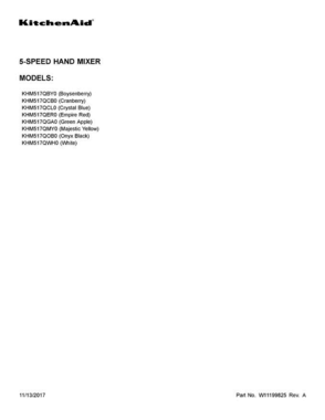 01 - Cover Sheet Diagram and Parts List for KHM517QCB0  KitchenAid Mixer