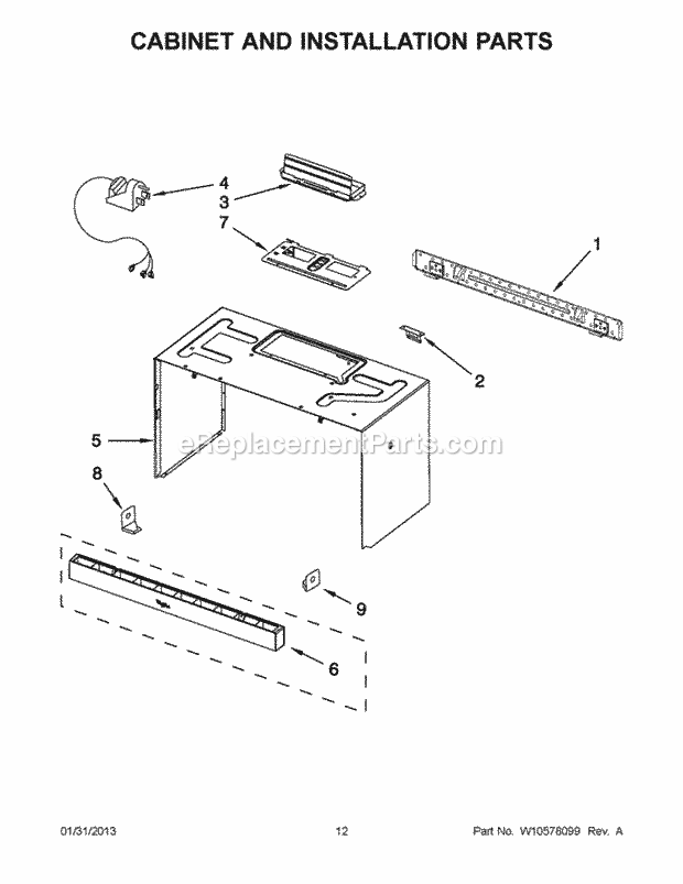 Cabinet And Installation Parts Diagram and Parts List for WMH53520AE1  Whirlpool Microwave