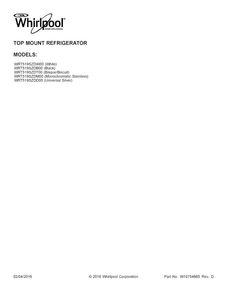 Cover Sheet Diagram and Parts List for WRT519SZDM00  Whirlpool Refrigerator
