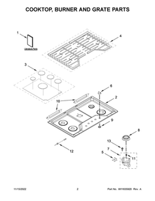 Cooktop, Burner And Grate Parts Diagram and Parts List for WCG77US0HS05  Whirlpool Cooktop