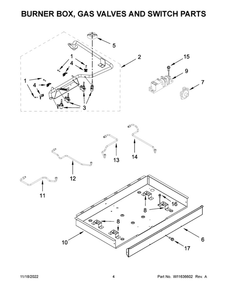 Burner Box, Gas Valves And Switch Parts Diagram and Parts List for WCG55US0HB05  Whirlpool Cooktop