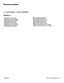 Cover Sheet Diagram and Parts List for 7KMT2115ZCU0  KitchenAid Toaster
