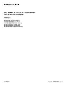 Cover Sheet Diagram and Parts List for 4KSM105GBCBU0  KitchenAid Mixer