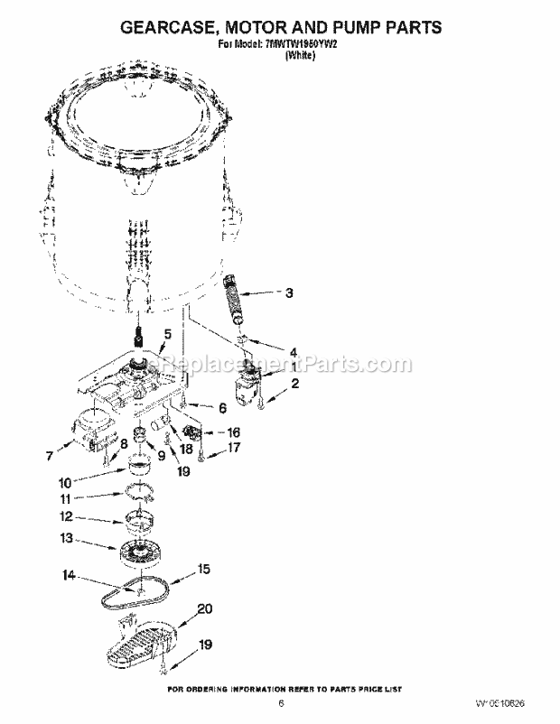 Gearcase, Motor And Pump Parts Diagram and Parts List for 7MWTW1950YW2  Whirlpool Washer