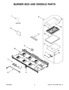 02 - Burner Box And Griddle Parts Diagram and Parts List for KFGC558JMB07  Whirlpool Range