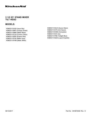 01 - COVER SHEET Diagram and Parts List for KSM3311XQG0  Whirlpool Mixer