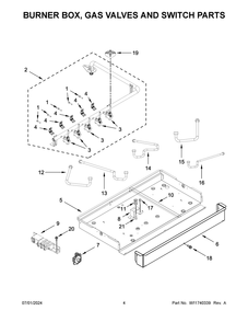 03 - Burner Box, Gas Valves And Switch Parts Diagram and Parts List for KCGG536PBL01  Whirlpool Cooktop