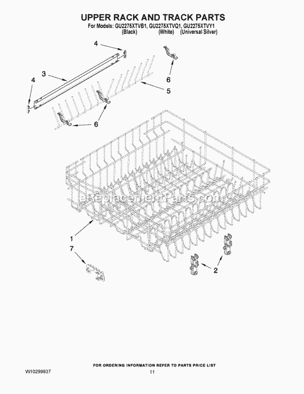 UPPER RACK AND TRACK PARTS Diagram and Parts List for GU2275XTVY1  Whirlpool Dishwasher