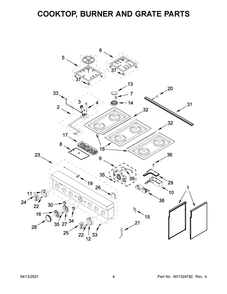 Cooktop, Burner And Grate Parts Diagram and Parts List for KFDC506JPA01  Whirlpool Range