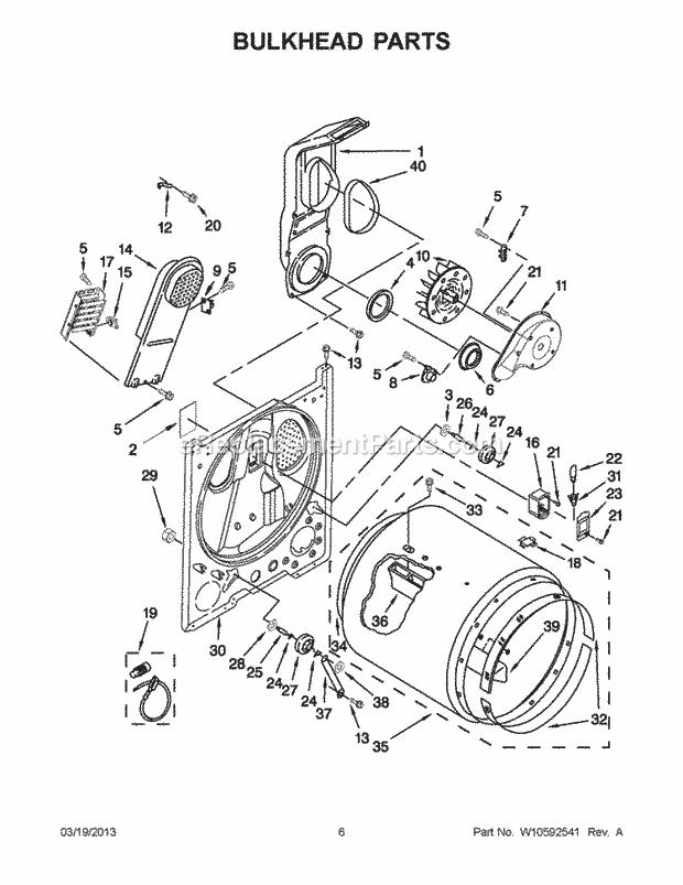 Bulkhead Parts Diagram and Parts List for WED4800XQ3  Whirlpool Dryer