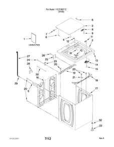 Top And Cabinet Parts Diagram and Parts List for 11021352112  Kenmore Washer