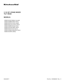 Cover Sheet Diagram and Parts List for KSM3316XMS0  KitchenAid Mixer