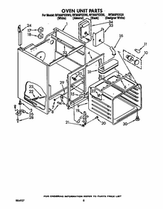 Oven Unit Diagram and Parts List for RF3660XXW0  Whirlpool Range