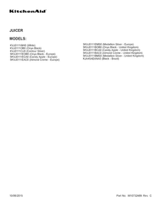 Cover Sheet Diagram and Parts List for 5KVJ0111ECA0  KitchenAid Juicer