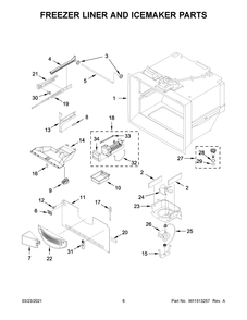 Freezer Liner And Icemaker Parts Diagram and Parts List for WRFA35SWHZ05  Whirlpool Refrigerator