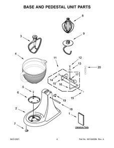 Base And Pedestal Unit Parts Diagram and Parts List for 7KSM180CBZLD0  Whirlpool Mixer