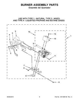 Burner Assembly Parts Diagram and Parts List for 7MWGD2140JB0  Whirlpool Dryer