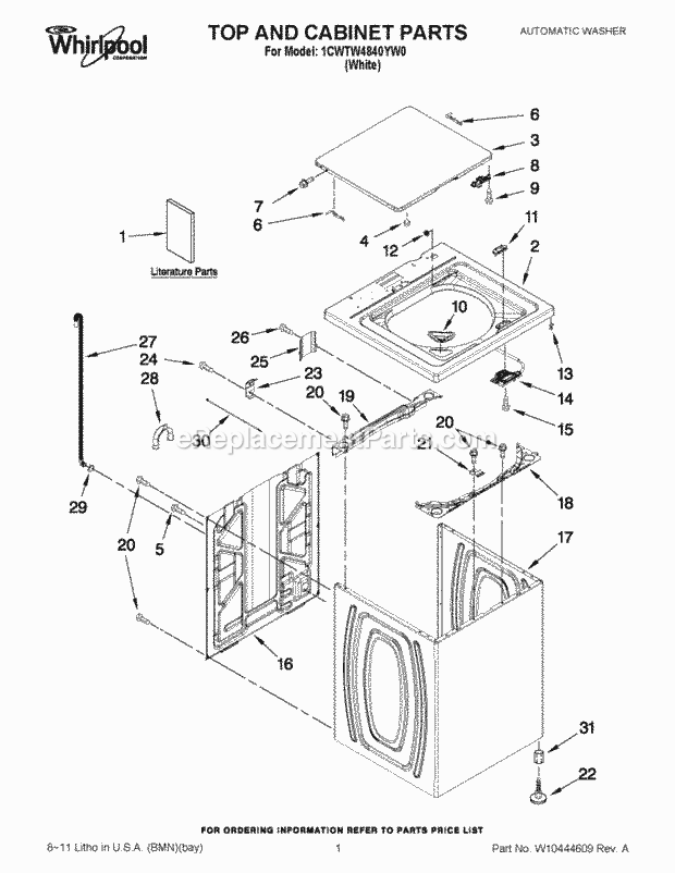 Top And Cabinet Parts Diagram and Parts List for 1CWTW4840YW0  Whirlpool Washer