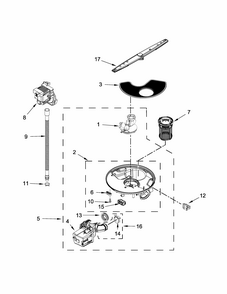 Pump, Washarm And Motor Parts Diagram and Parts List for IUD3100BW3  Whirlpool Dishwasher