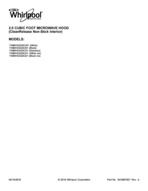 01 - Cover Sheet Diagram and Parts List for YWMH53520CE1  Whirlpool Microwave
