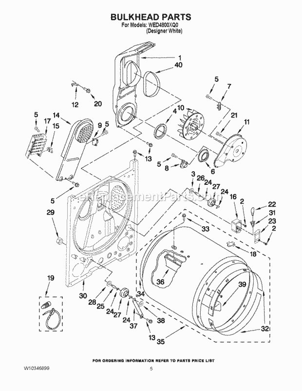 BULKHEAD PARTS Diagram and Parts List for WED4800XQ0  Whirlpool Dryer