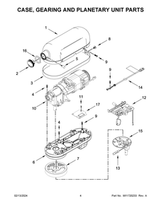 Case, Gearing And Planetary Unit Parts Diagram and Parts List for 5KSM55SXXPER0  KitchenAid Mixer