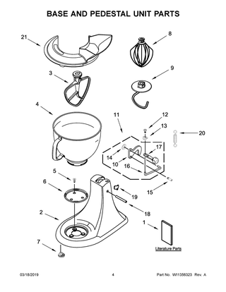 Base And Pedestal Unit Parts Diagram and Parts List for 5KSM180HASD0  Whirlpool Mixer