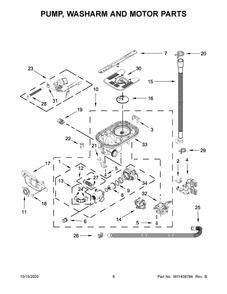 Pump, Washarm And Motor Parts Diagram and Parts List for KDTM404KBS0  Whirlpool Dishwasher