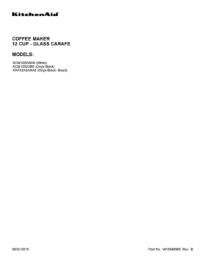 01 - COVER SHEET Diagram and Parts List for KXA12ASANA0  Whirlpool Coffee Maker