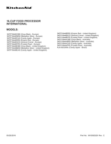 Cover Sheet Diagram and Parts List for KJA16A3ANA  KitchenAid Food Processor