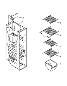 Freezer Liner Parts Diagram and Parts List for 5WRS22KNBF00  Whirlpool Refrigerator