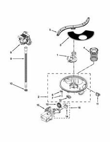 Pump, Washarm And Motor Parts Diagram and Parts List for 66513073K213  Kenmore Dishwasher