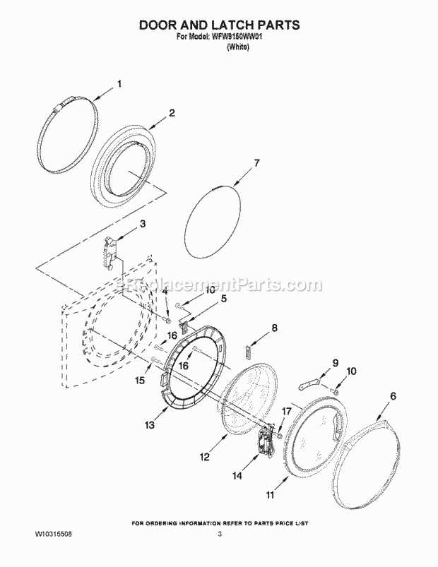 Door And Latch Parts Diagram and Parts List for WFW9150WW01  Whirlpool Washer