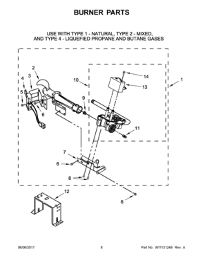 05 - BURNER PARTS Diagram and Parts List for ZGD7009GW0  Whirlpool Dryer