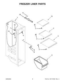 Freezer Liner Parts Diagram and Parts List for WRS321SDHB10  Whirlpool Refrigerator