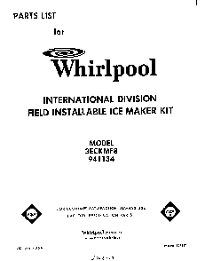 Cover Page Diagram and Parts List for 3ECKMF8  Whirlpool Ice Maker
