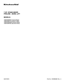 Cover Sheet Diagram and Parts List for KSM7589PBK0  KitchenAid Mixer