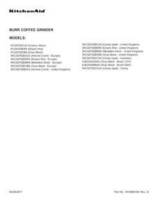 Cover Sheet Diagram and Parts List for KCG0702OB0  KitchenAid Coffee Grinder