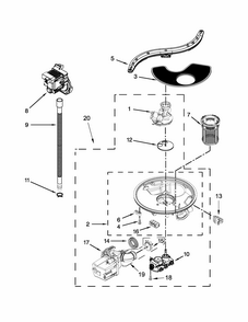Pump, Washarm And Motor Parts Diagram and Parts List for 66512413N412  Kenmore Dishwasher