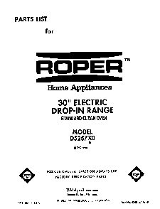 Front Cover Diagram and Parts List for D5257X0  Roper Range
