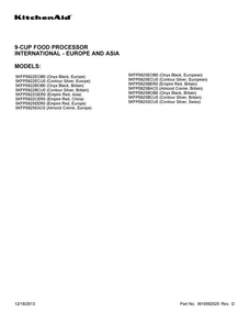 Cover Sheet Diagram and Parts List for 5KFP0925BOB0  KitchenAid Food Processor