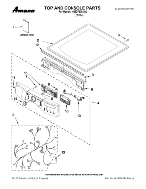 01 - TOP AND CONSOLE PARTS Diagram and Parts List for YNED7500XW0  Whirlpool Dryer