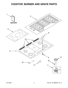 Cooktop, Burner And Grate Parts Diagram and Parts List for WCGK5036PB00  Whirlpool Cooktop