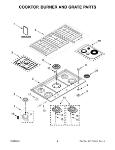 02 - Cooktop, Burner And Grate Parts Diagram and Parts List for KCGS956ESS06  Whirlpool Cooktop