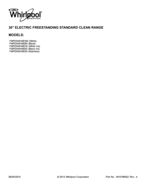 01 - COVER SHEET Diagram and Parts List for YWFE540H0EB0  Whirlpool Range
