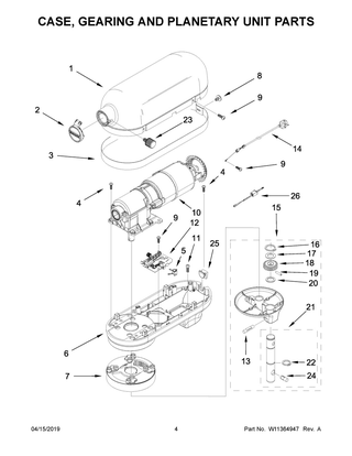 Case, Gearing And Planetary Unit Parts Diagram and Parts List for 5KSM6583RCU0  Whirlpool Mixer
