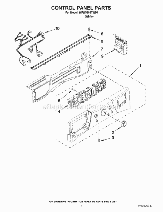 CONTROL PANEL PARTS Diagram and Parts List for WFW9151YW00  Whirlpool Washer