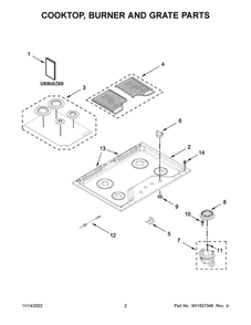 Cooktop, Burner And Grate Parts Diagram and Parts List for WCG55US0HS05  Whirlpool Cooktop