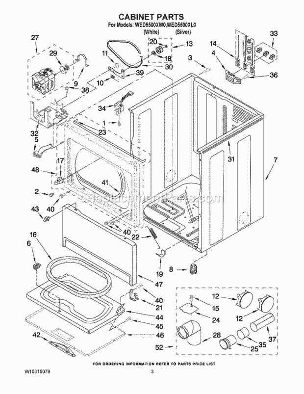 CABINET PARTS Diagram and Parts List for WED5500XW0  Whirlpool Dryer