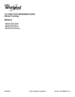 01 - Cover Sheet Diagram and Parts List for WMH32519CB2  Whirlpool Microwave Oven Combo